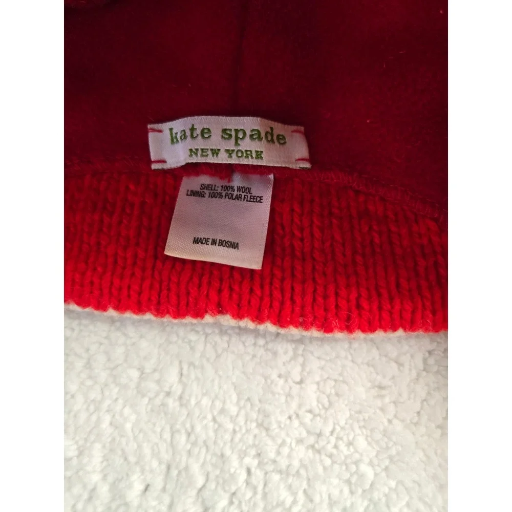 Kate Spade Bah Hum Bug Red Wool Fleece Lined Earflap Hat Pom Pom Beanie